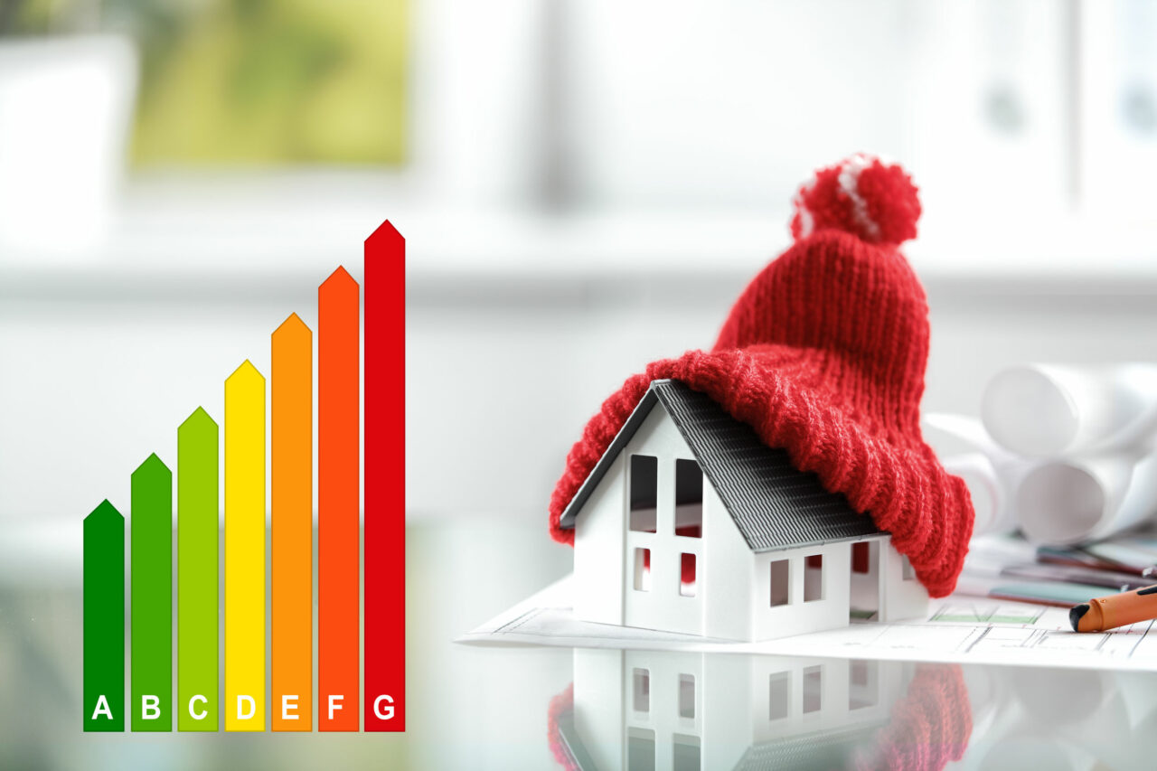 home with a winter hat on beside energy rating chart